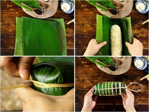 Quá trình gói chả lụa bằng lá chuối tươi