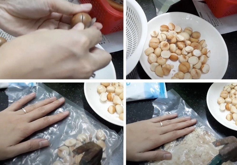Quá trình sơ chế ngâm hạt macca trong nước cho mềm