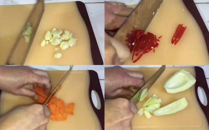 Quá trình sơ chế nguyên liệu làm nước mắm bún chả gồm tỏi ớt cà rốt và su hào