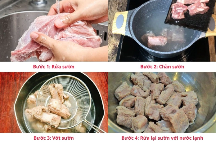Quá trình sơ chế sườn non lợn bao gồm rửa sạch chặt khúc và chần qua nước sôi