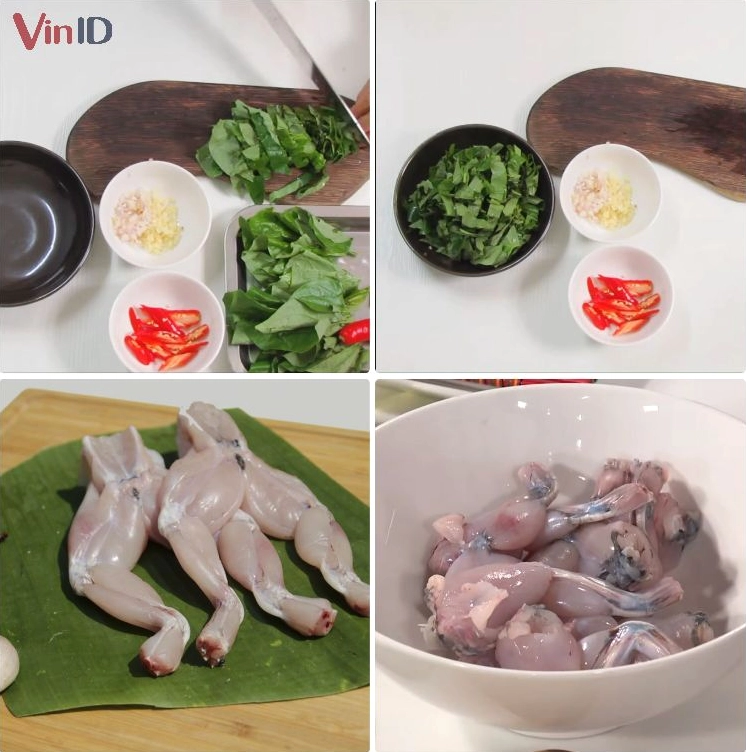 Quá trình sơ chế thịt ếch và các nguyên liệu rau củ khác một cách sạch sẽ