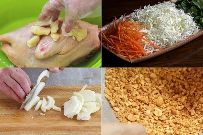 Quá trình sơ chế và thái mỏng các loại rau củ làm gỏi