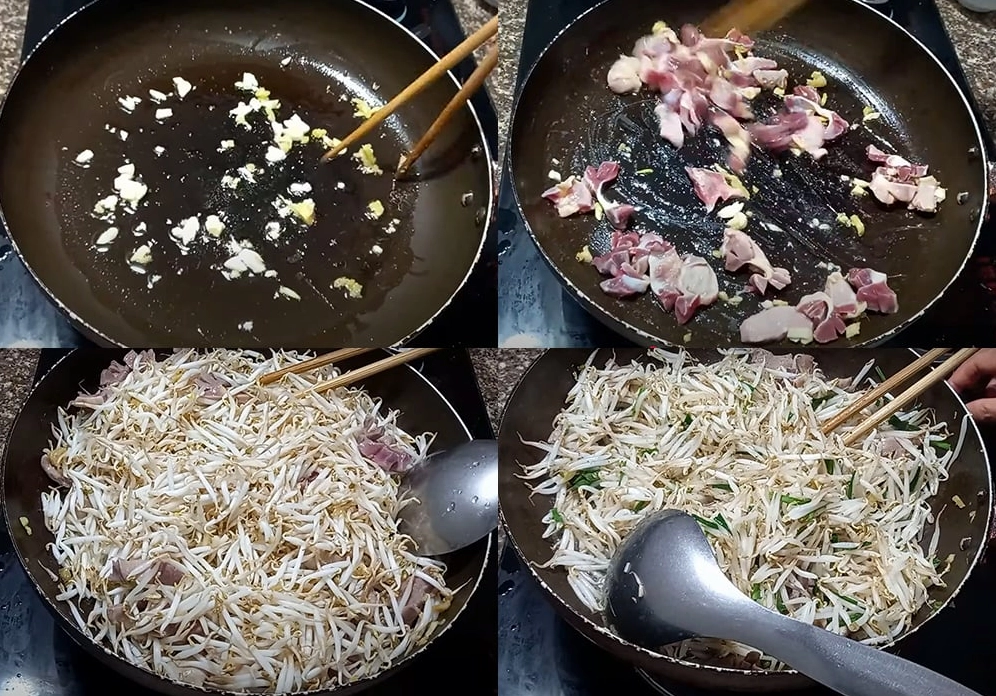 Quá trình xào mề và giá đỗ trên chảo nóng