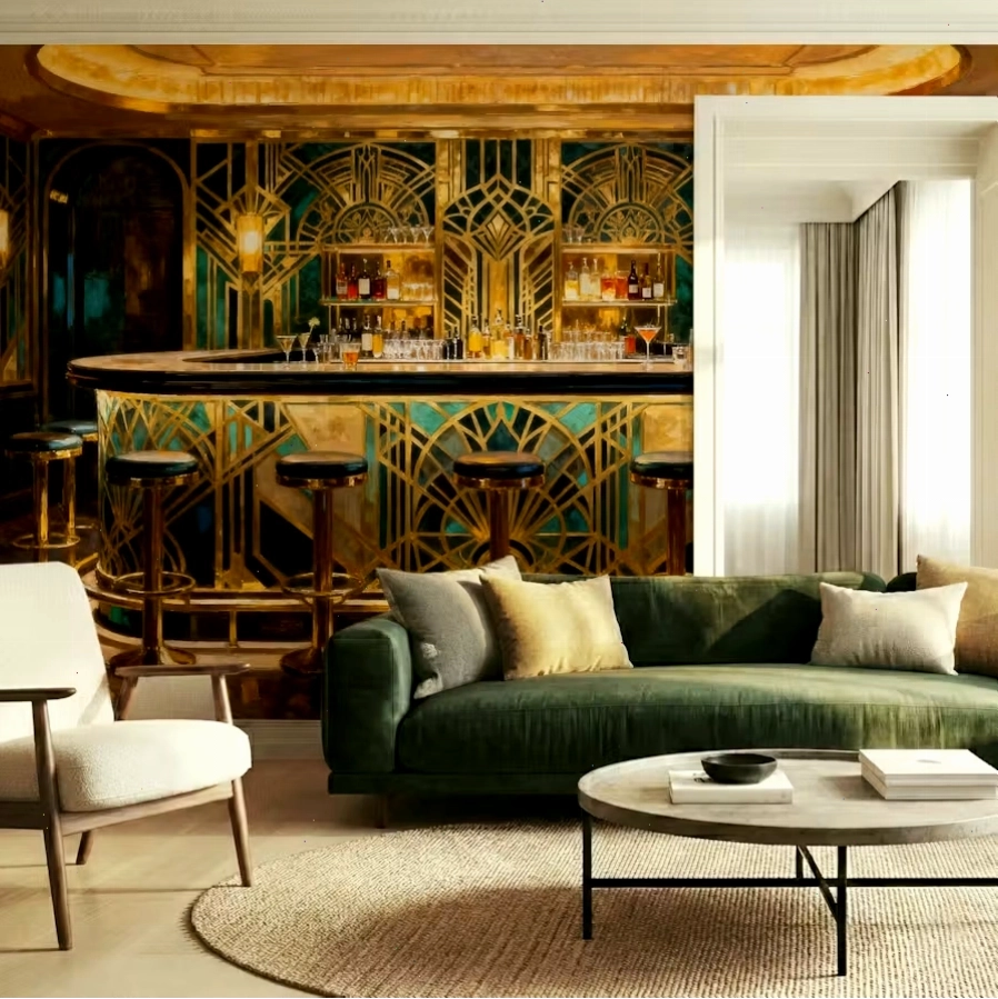 Removable art deco wallpaper for bar area in a home office lounge
