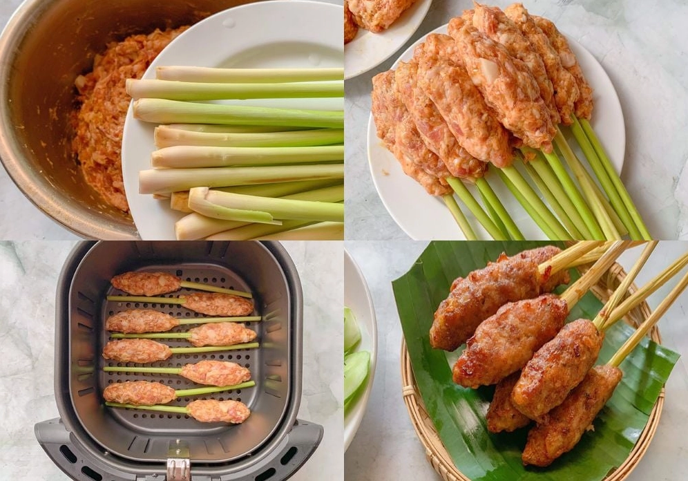 Sắp xếp các que nem đã bọc thịt gọn gàng vào khay của nồi chiên không dầu