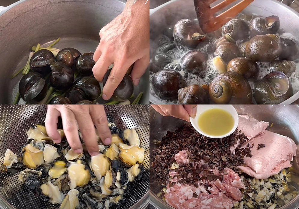 Sơ chế các nguyên liệu làm ốc bươu nhồi thịt