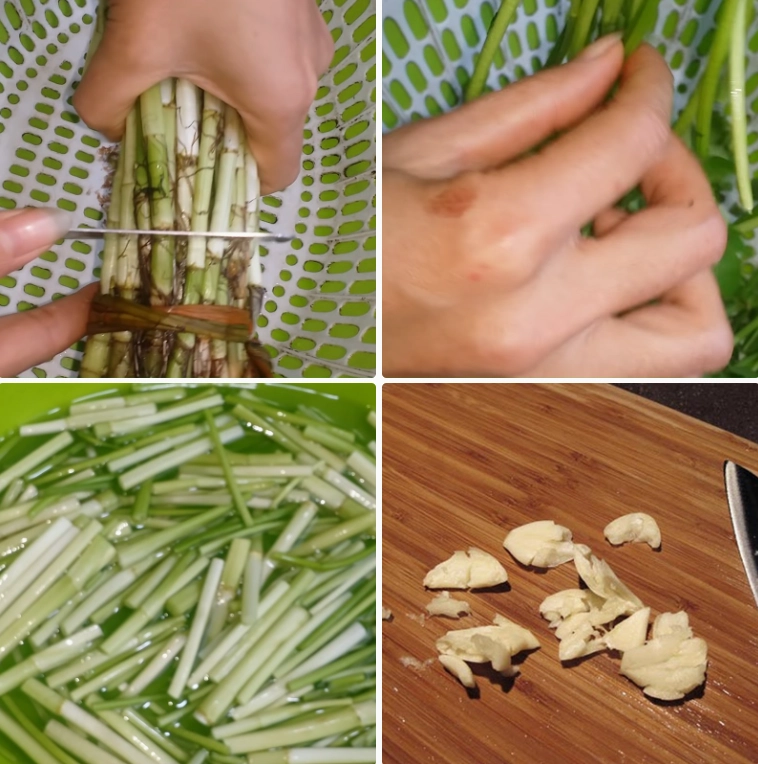 Sơ chế cắt khúc rau cần nước