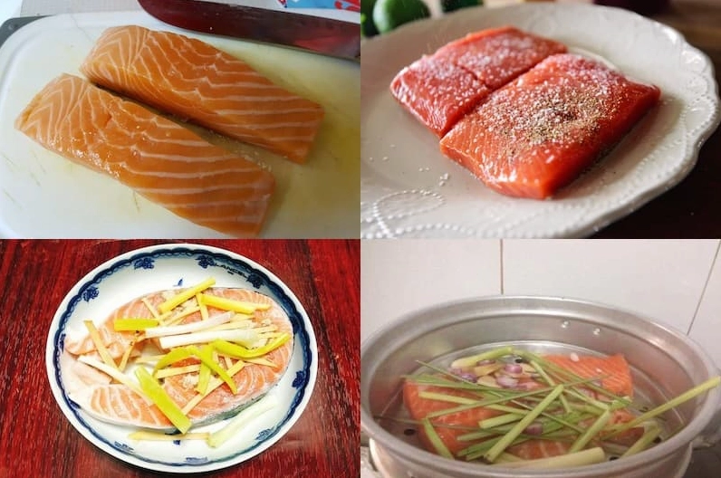 Sơ chế và hấp chín thịt cá hồi cùng với gừng sả