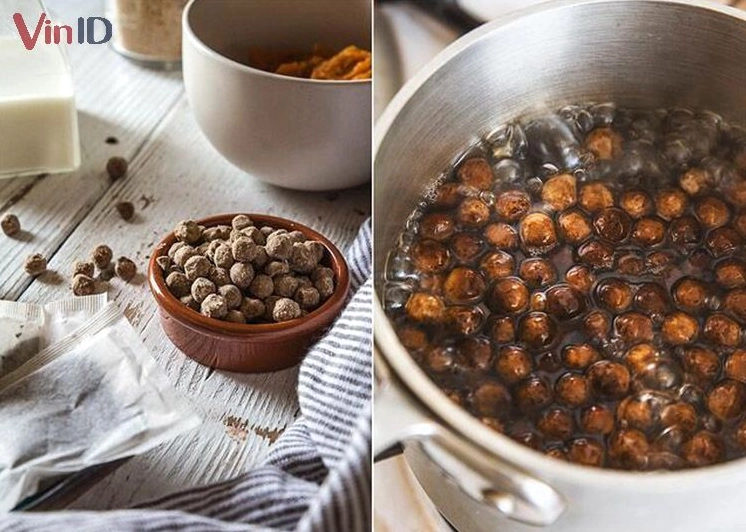Thành phẩm trân châu luộc chín tới có màu đen bóng bẩy và độ dẻo dai hấp dẫn