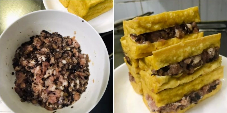 Thao tác trộn tất cả nguyên liệu trong một tô để nhồi thịt vào trong đậu hũ