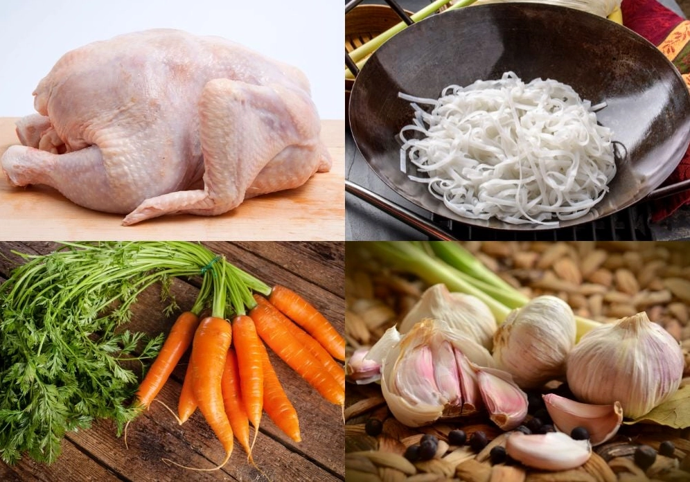 Thịt gà luộc chín xé nhỏ cùng các loại rau thơm bánh phở chuẩn bị trộn