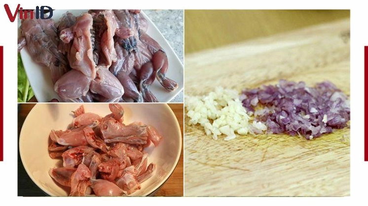 Thực hiện các bước sơ chế thịt ếch và nguyên liệu