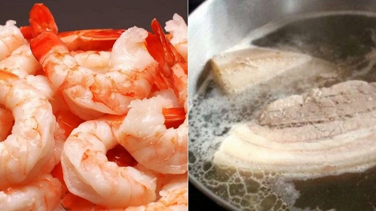 Tôm và thịt ba chỉ đã được luộc chín và sơ chế cẩn thận