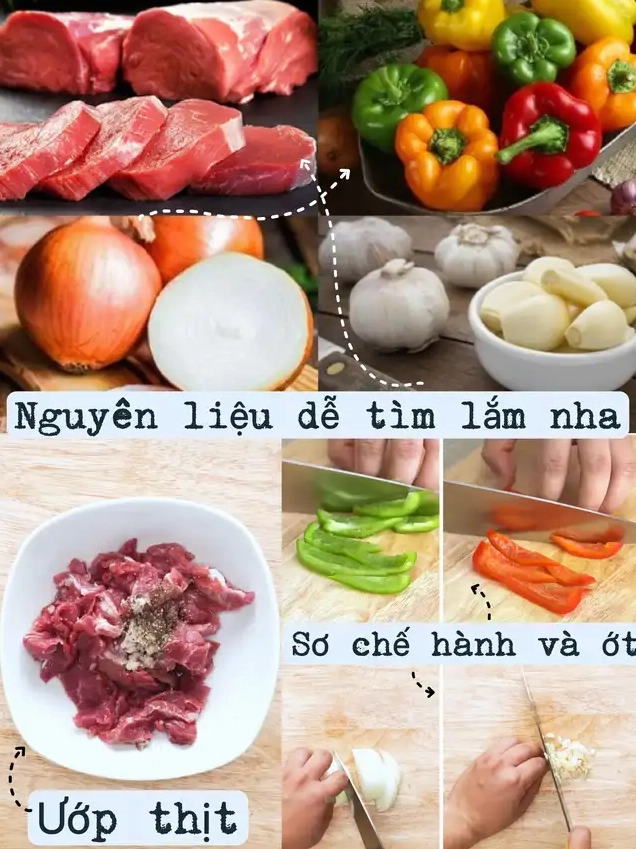 Tổng hợp các nguyên liệu và bước sơ chế thịt, hành tây, tỏi