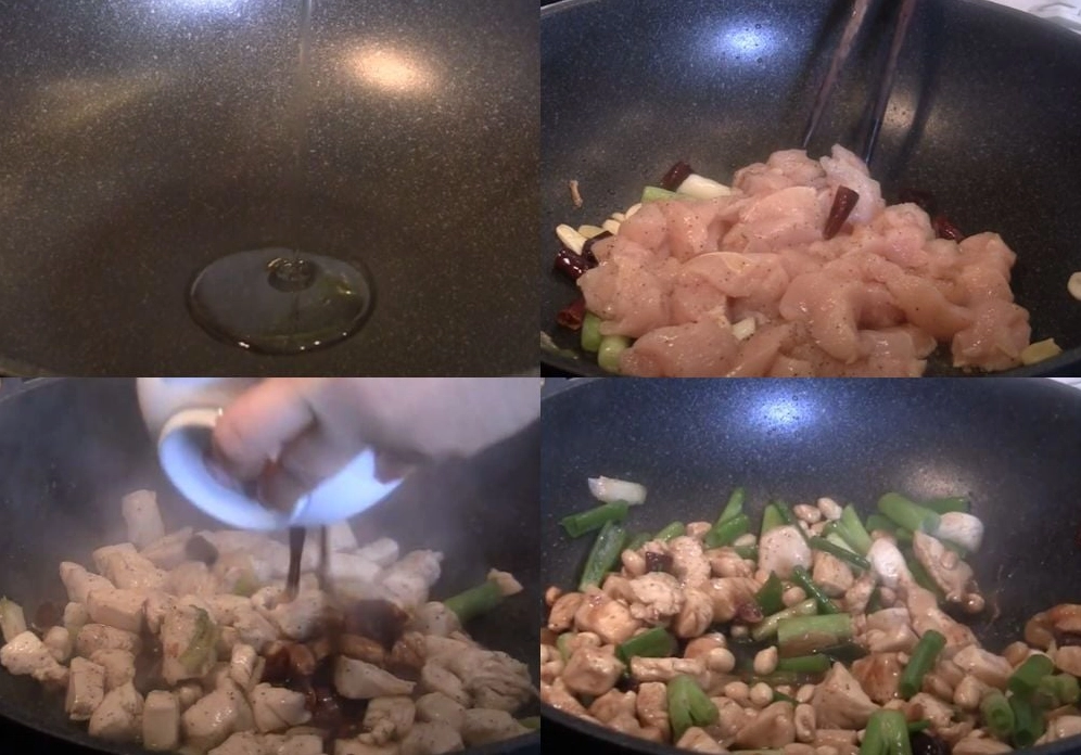 Xào gà Cung Bảo trên chảo với lửa lớn